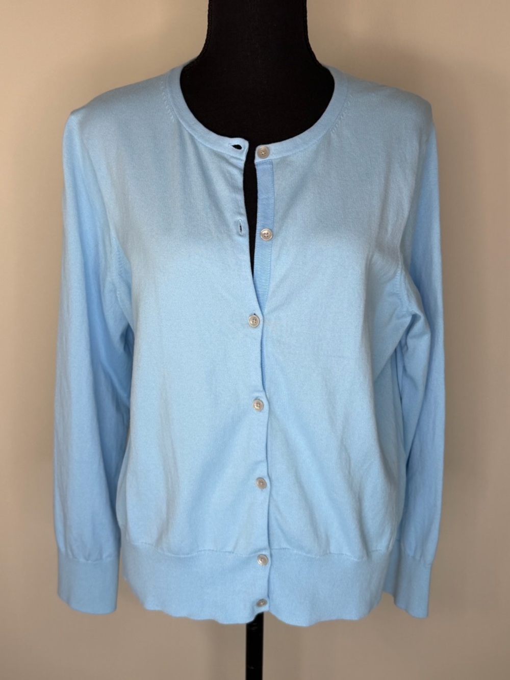 Lands' End Sweater Cardigan Womens Petite Large Light Blue Crew Neck Button Knit